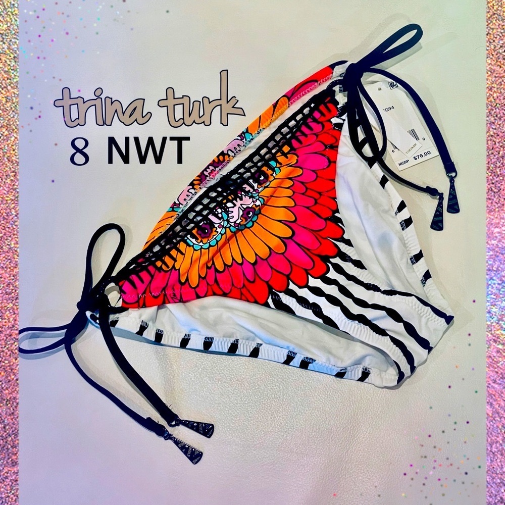 NWT (8) TRINA TURK multicolor vivid pink white bikini bottoms side tie hoops
